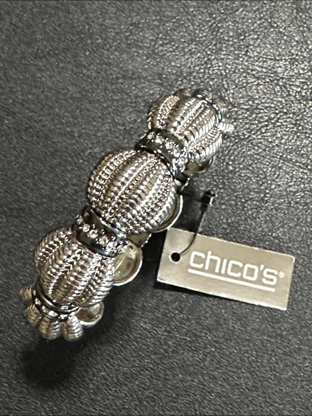 Chico’s Scalloped Hemitite Rhinestone Silver Tone Stretch Bracelet